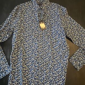 Michael Kors Navy, White & Light Blue Geometric Logo Button-Up